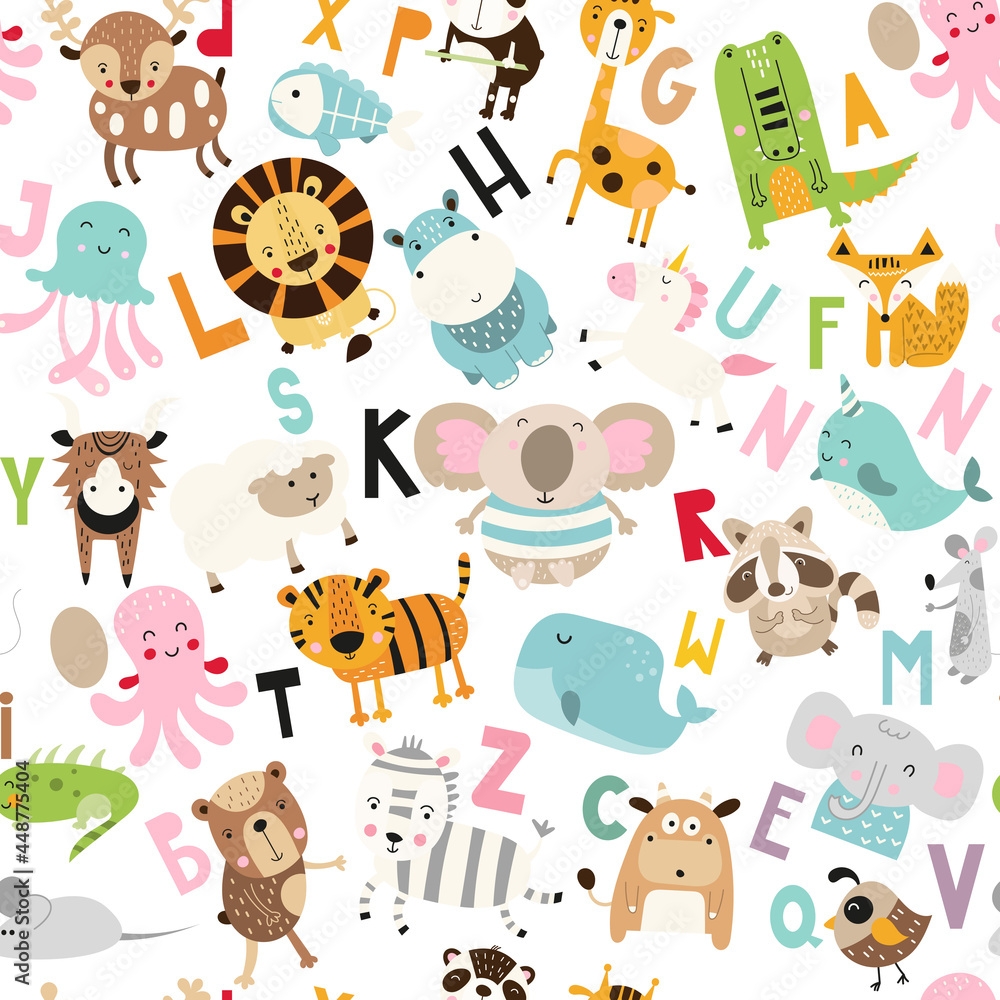 Animal Alphabet Seamless Pattern Kids Print Wallpaper Design For Baby Nursery Repeat Fabric Vector Illustration Stock Vector Adobe Stock