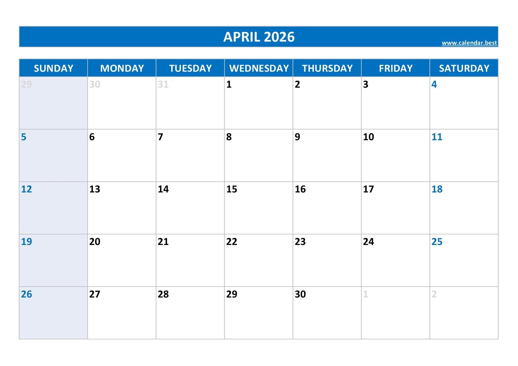 Printable Blank April 2026 Calendar