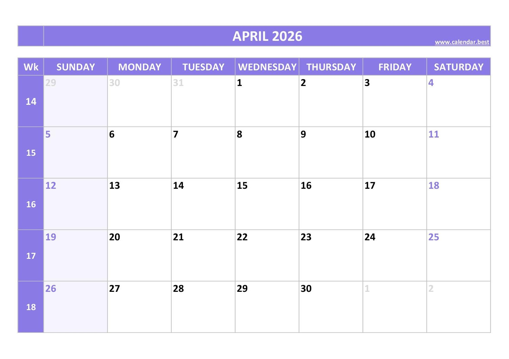 Blank April 2026 Calendar Printable Pdf