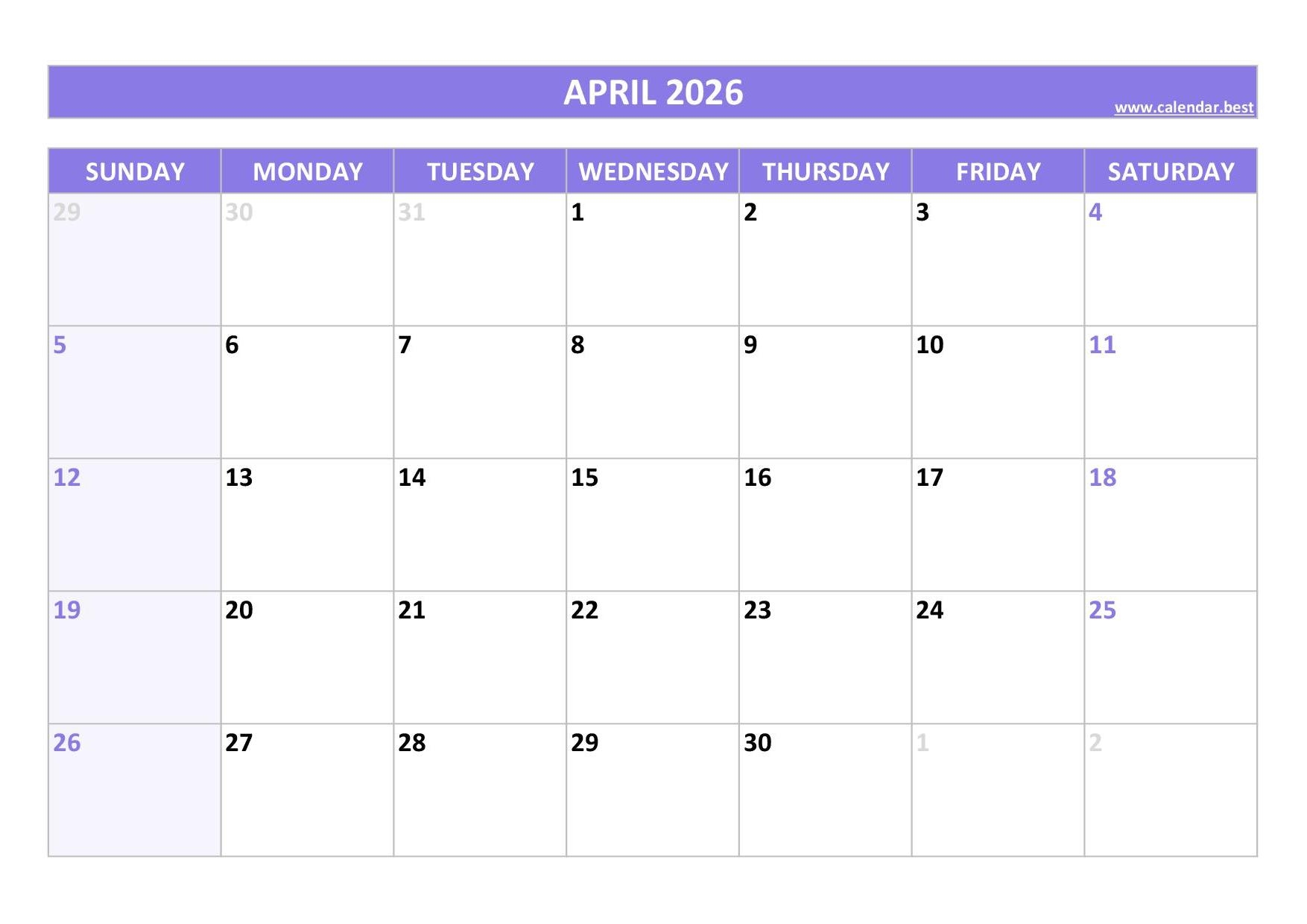 Calendar Template April 2026 Printable