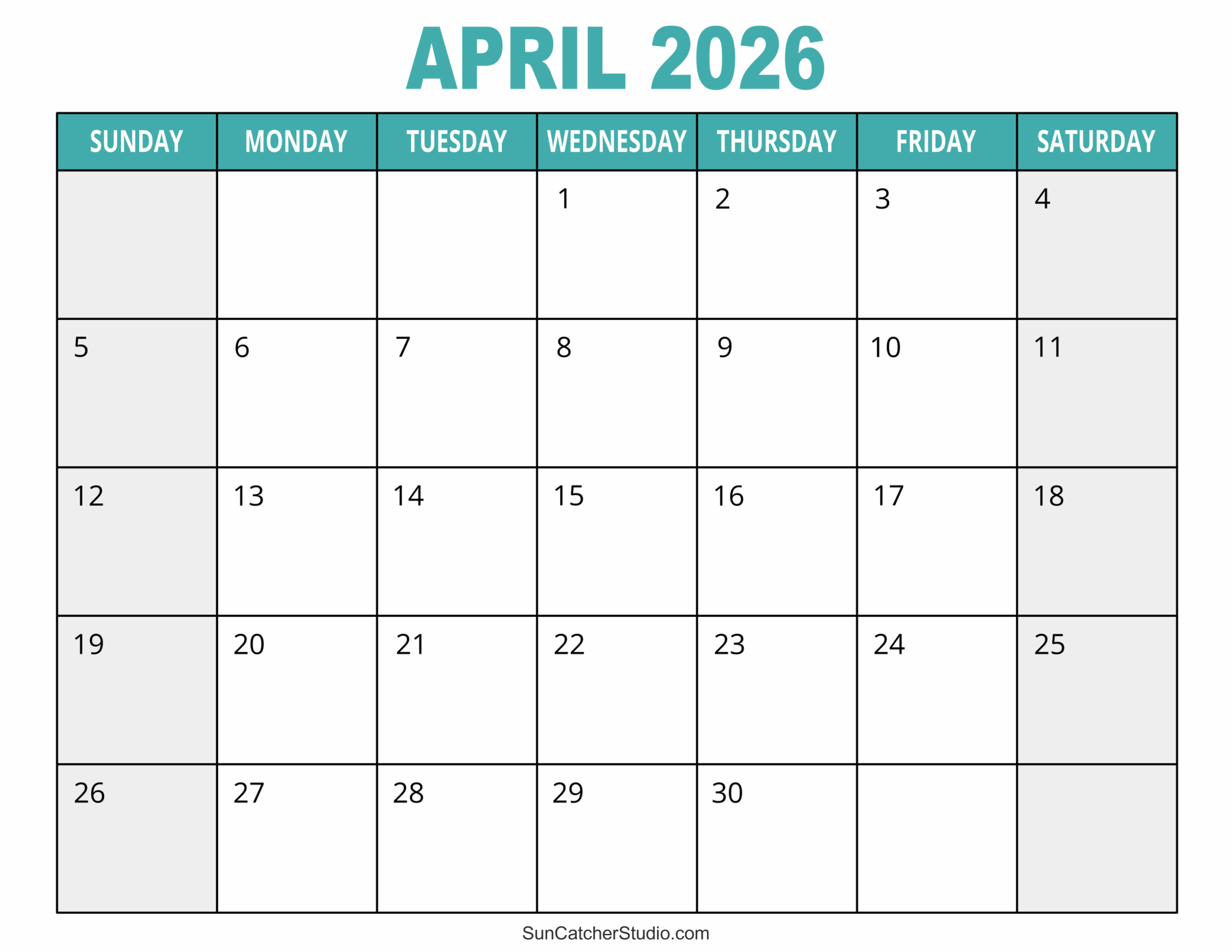 April Blank Calendar 2026 Printable Free