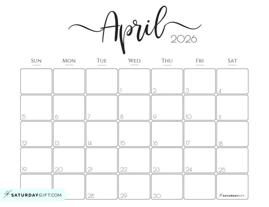 April 2026 Calendars 23 Cute Free Printable PDFs By SaturdayGift