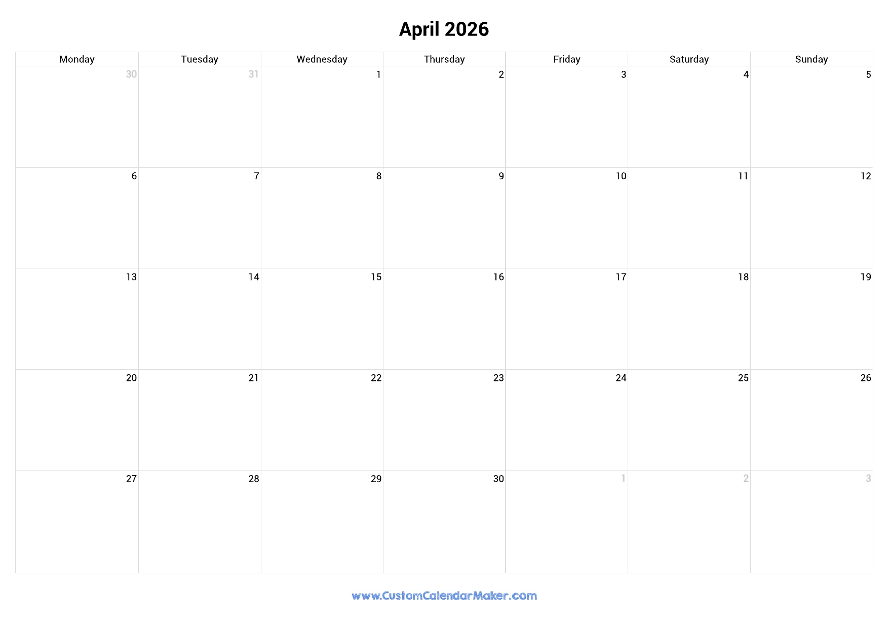 April 2026 Monday Start Calendar Monday To Sunday Custom 
