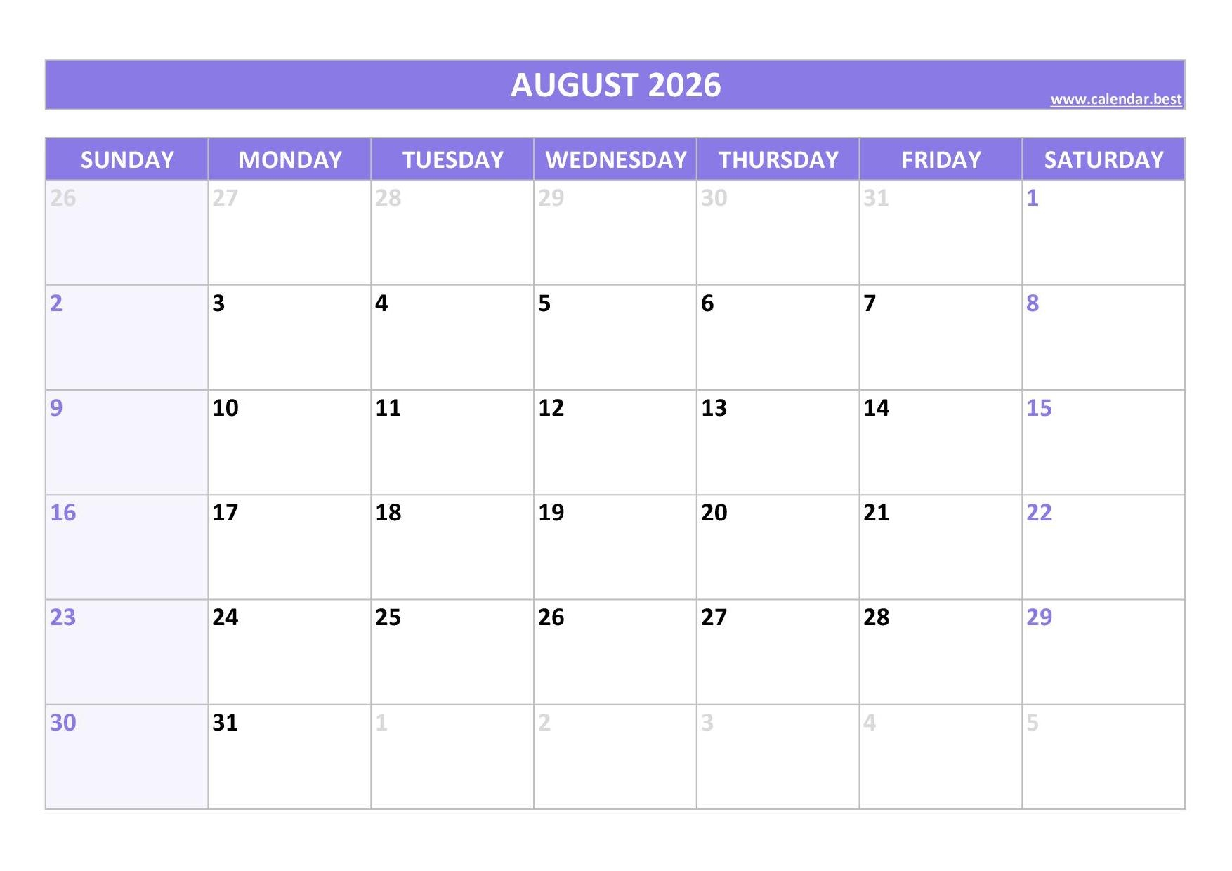 August 2026 Calendar Calendar best
