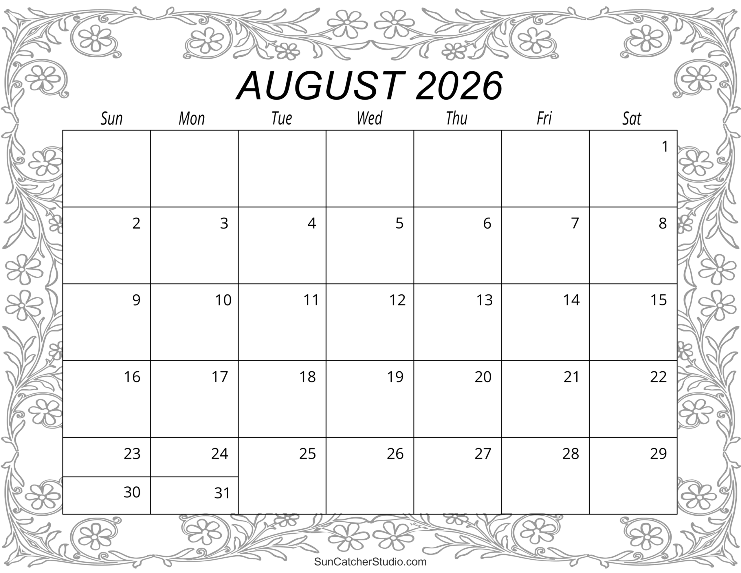 August Blank Calendar 2026