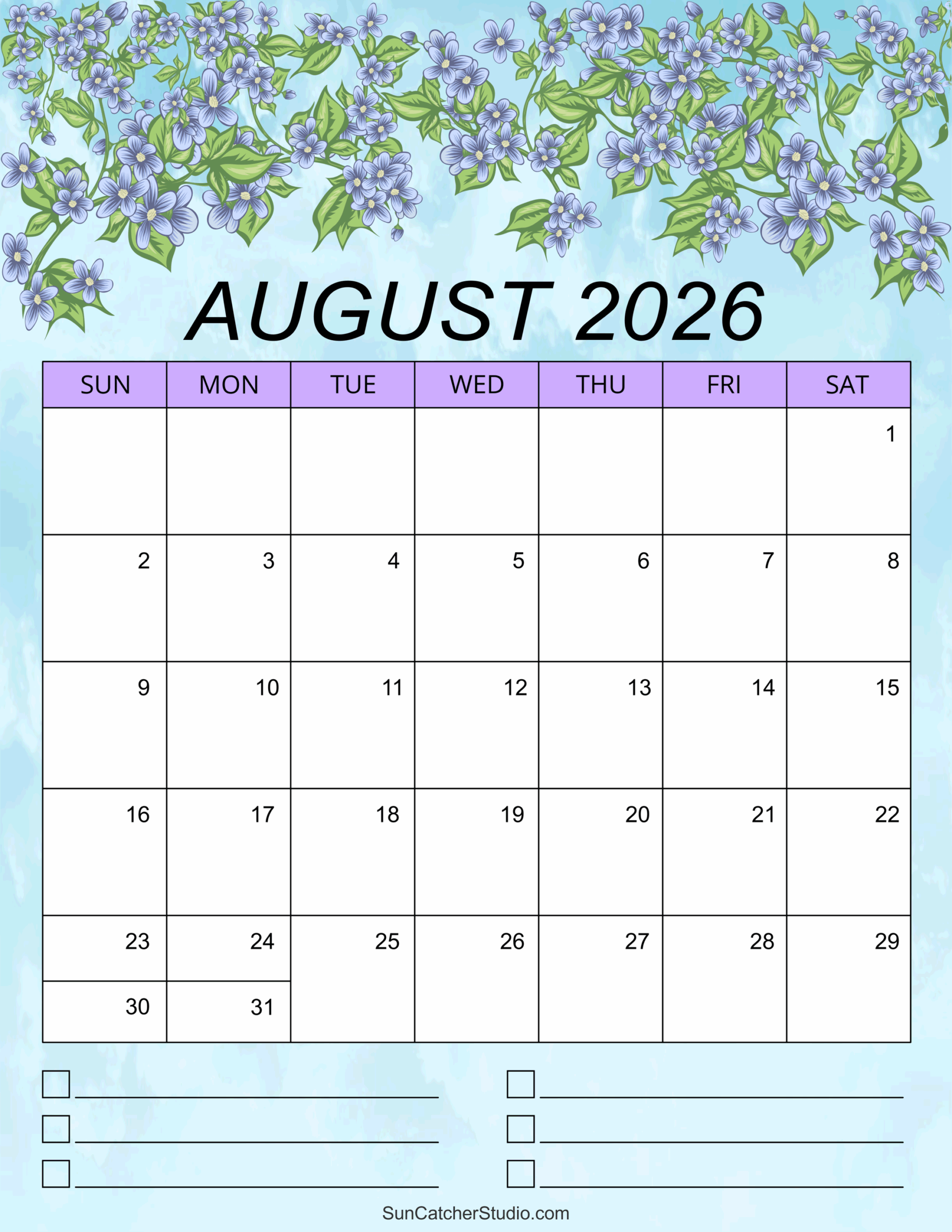 Blank Calendar August 2026 Landscape