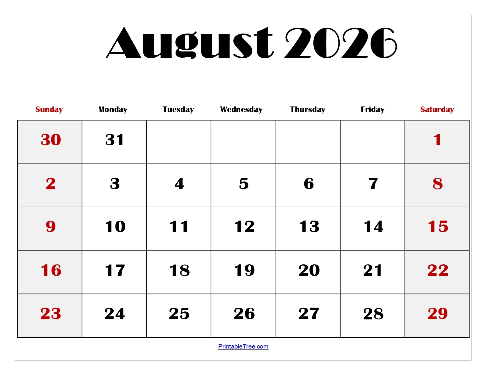 Blank Calendar Pages August 2026 Printable