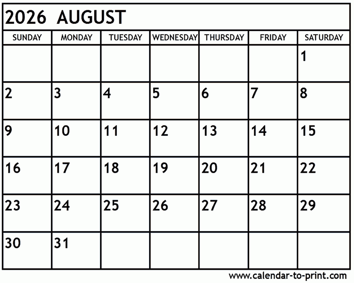 Blank Printable Calendar 2026 August