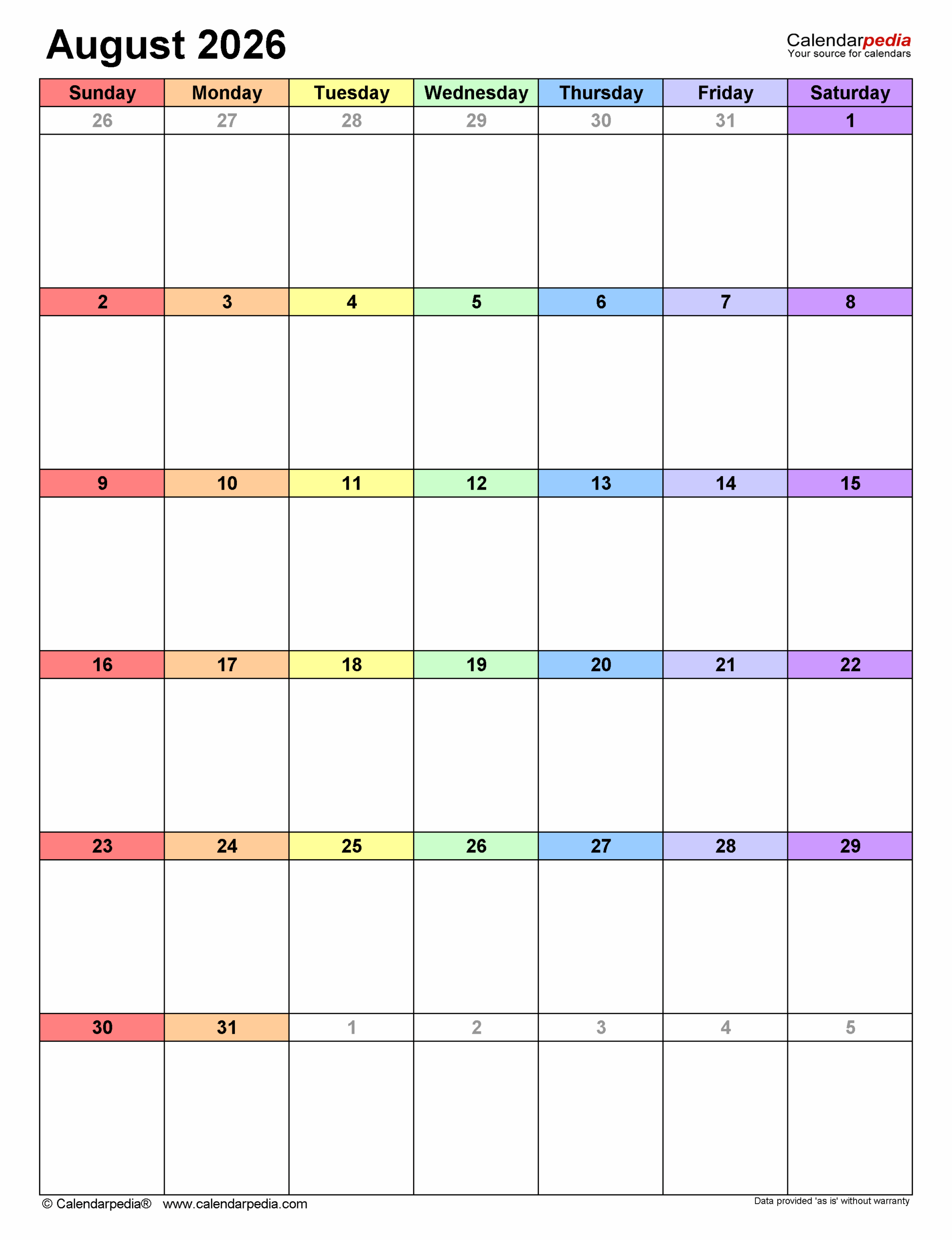 Blank August 2026 Calendar Portrait