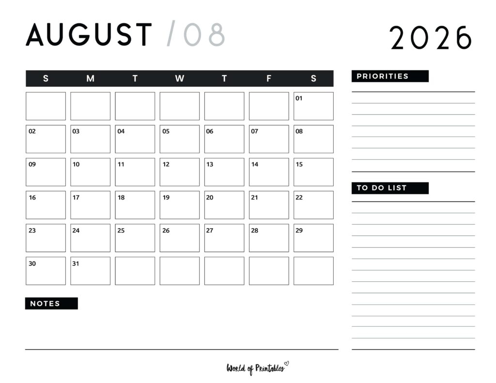 August 2026 Calendars 200 Free Printables World Of Printables