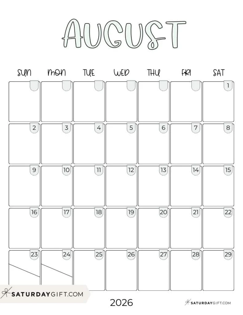 Blank Calendar August 2026 Printable Pdf