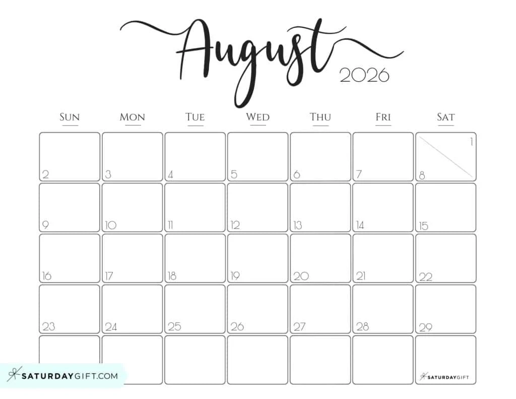 August 2026 Calendars 23 Cute Free Printable PDFs By SaturdayGift