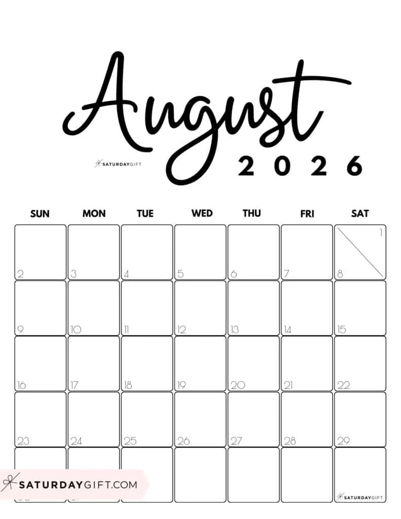 Blank Calendar Printable August 2026 Editable
