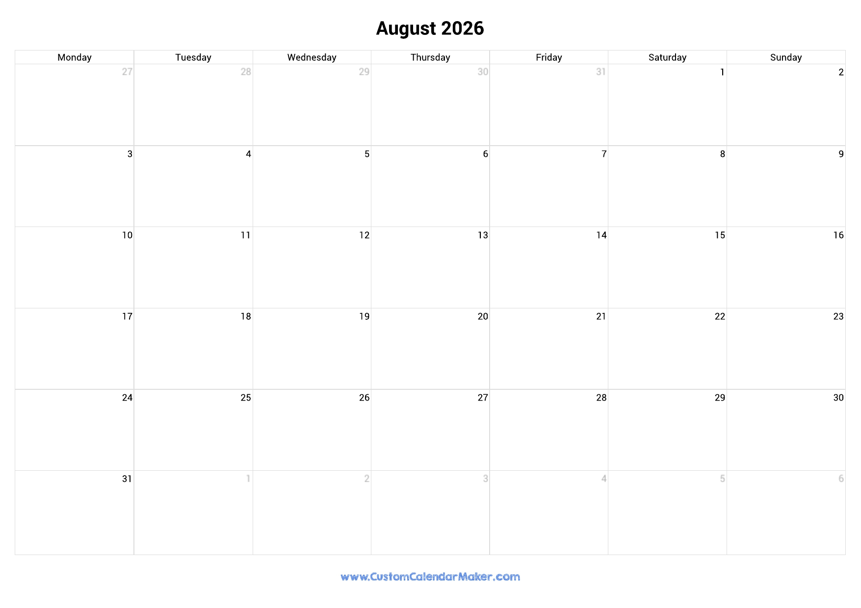 Blank August 2026 Calendar Monday Start