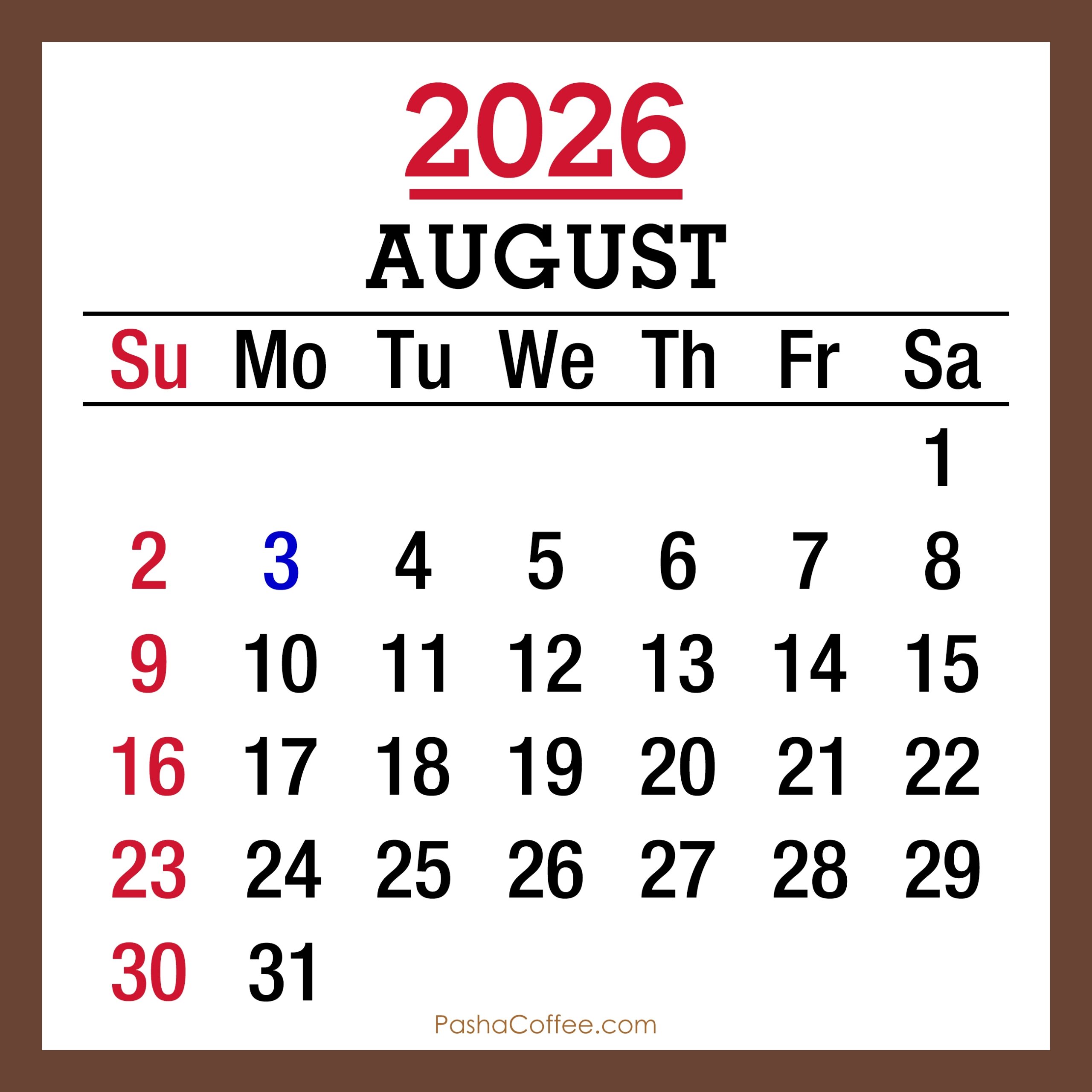 August 2026 Calendar Canada