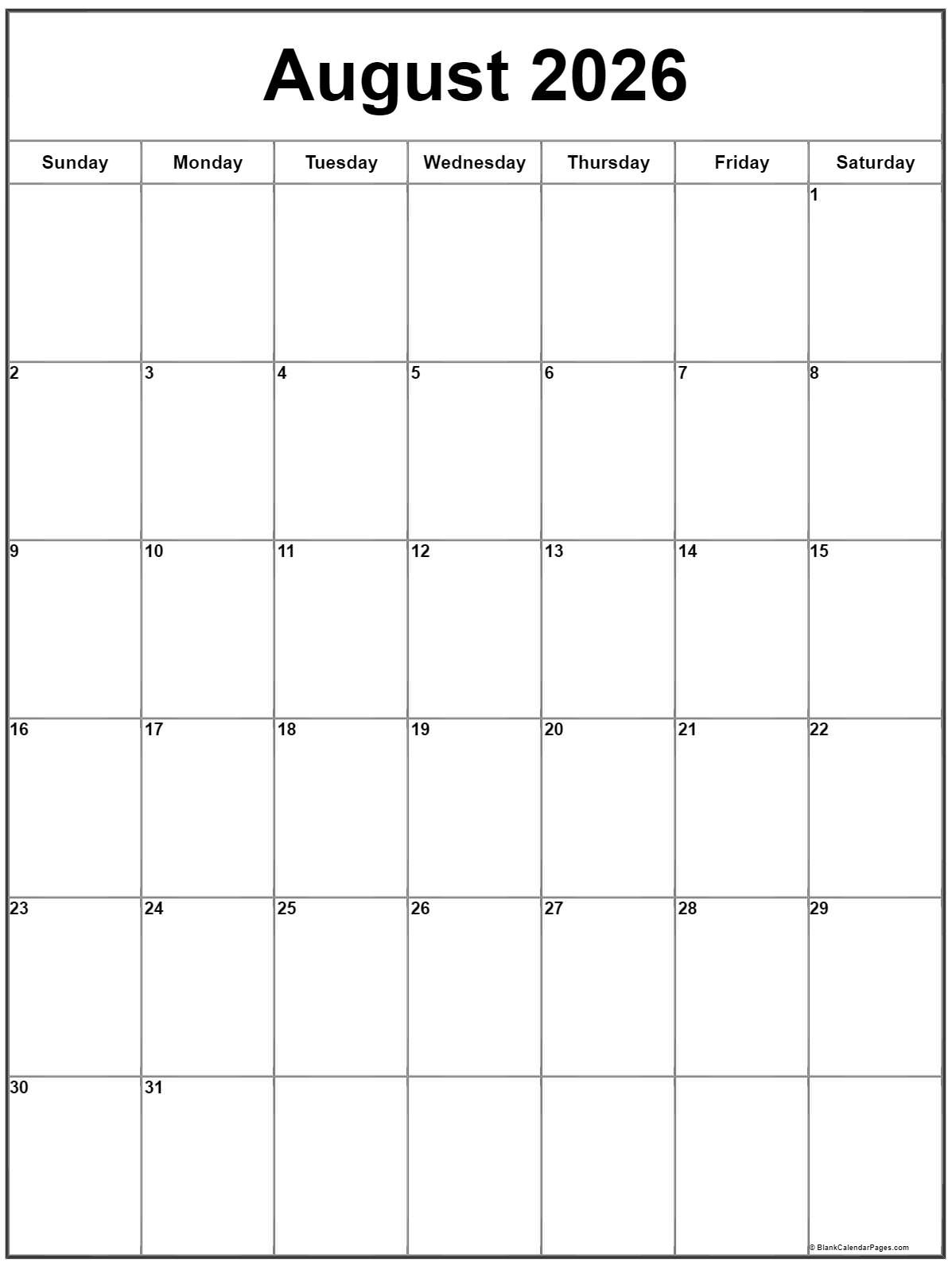 August 2026 Vertical Calendar Portrait