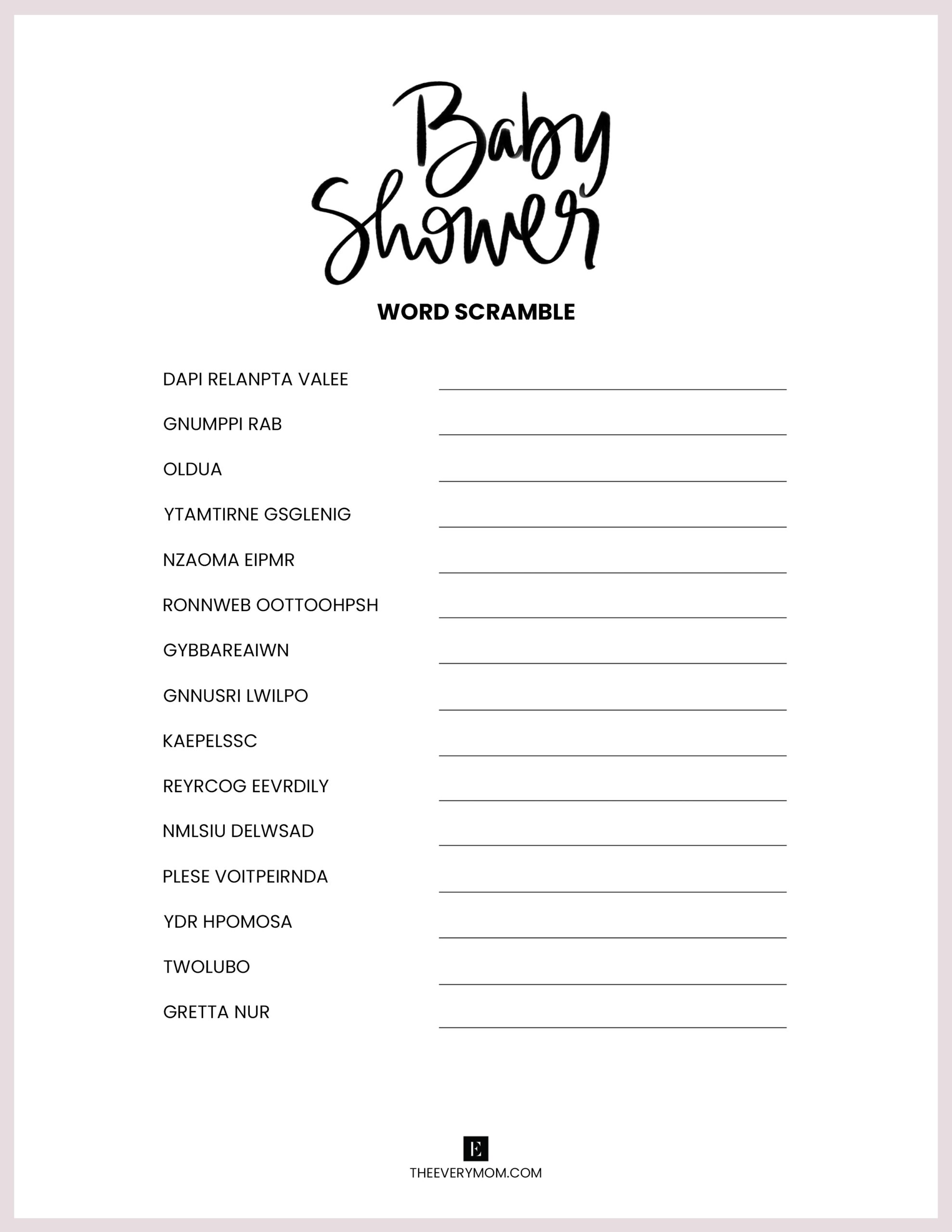Baby Shower Games Printable Worksheets