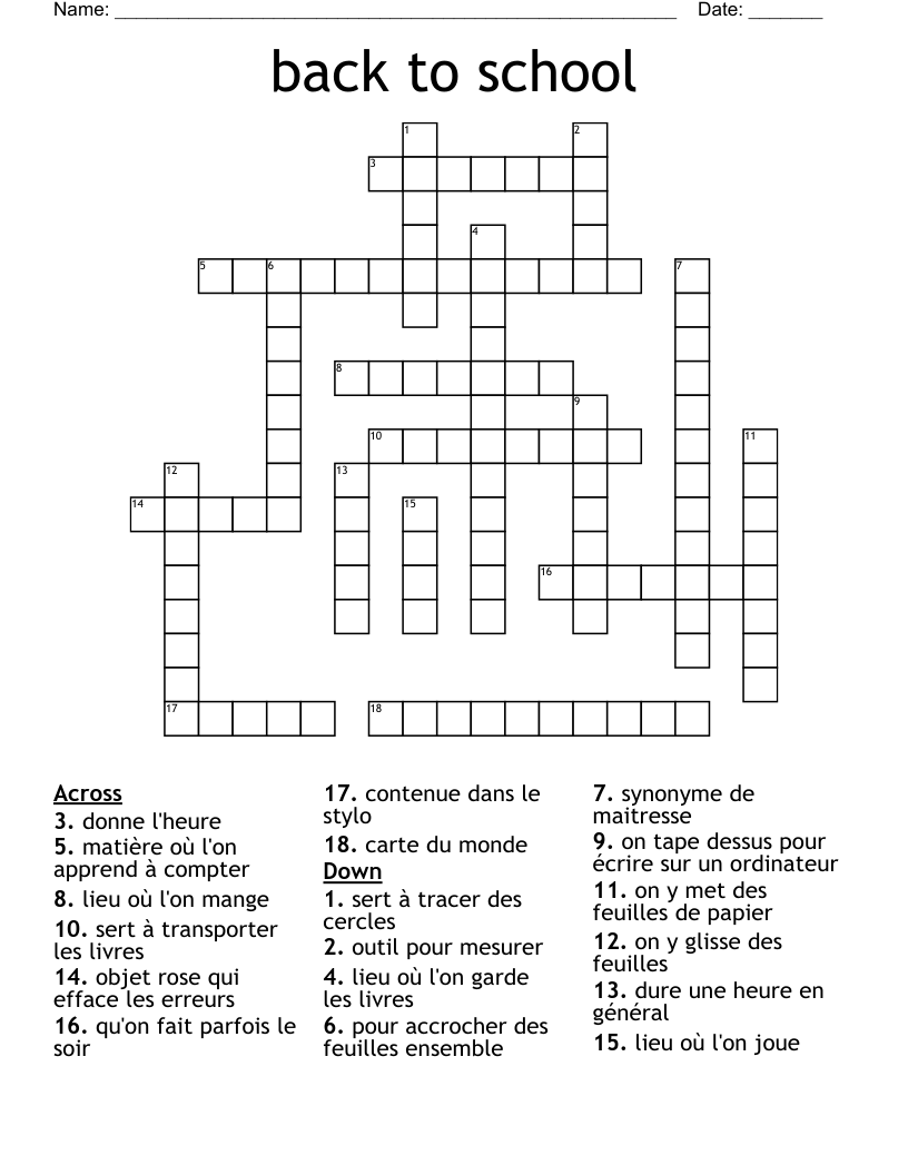 Back To School Crossword Puzzles Printable
