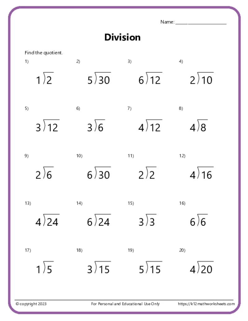 Long Division Printable Worksheets