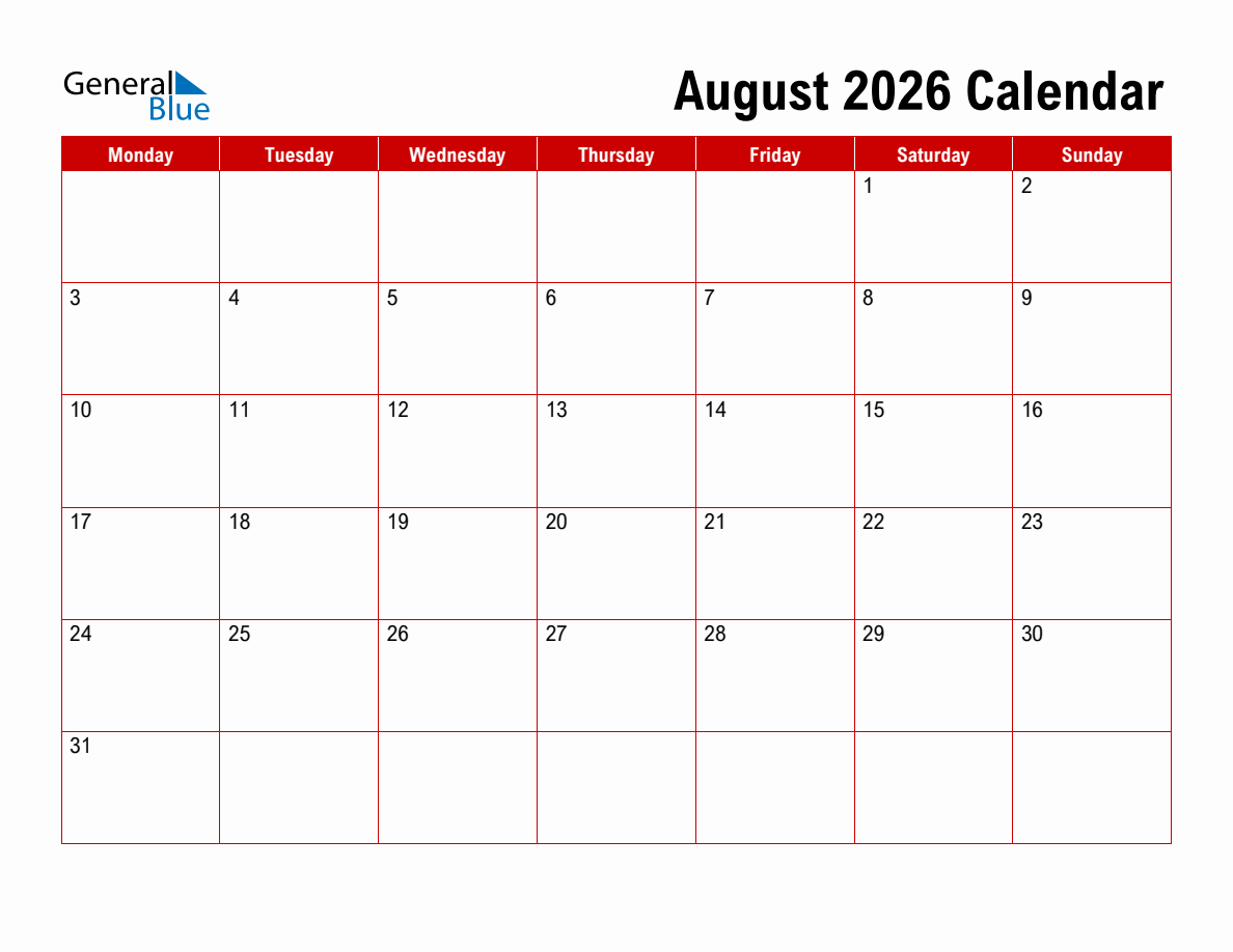 August Blank Calendar 2026 Monday Start