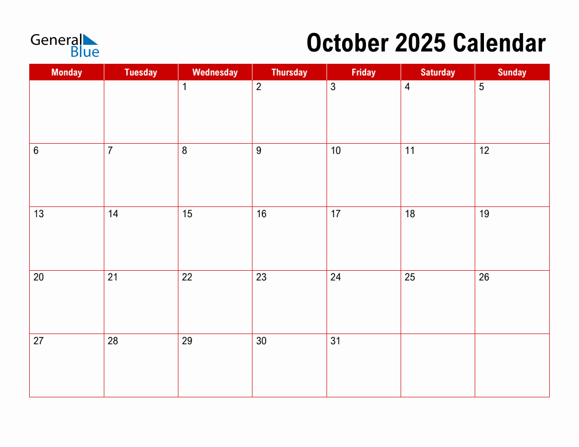 Basic Monthly Calendar October 2025
