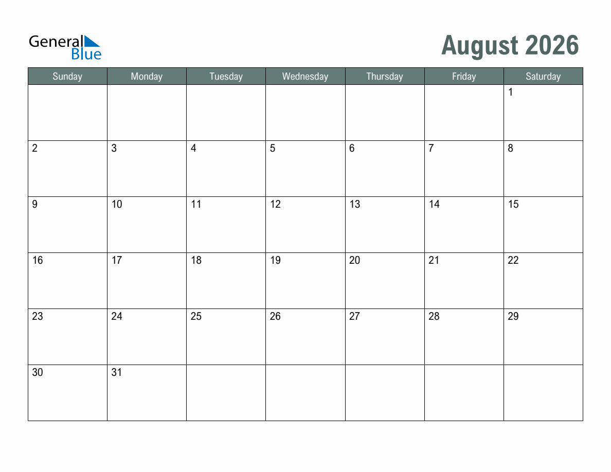 Blank August 2026 Monthly Calendar Template