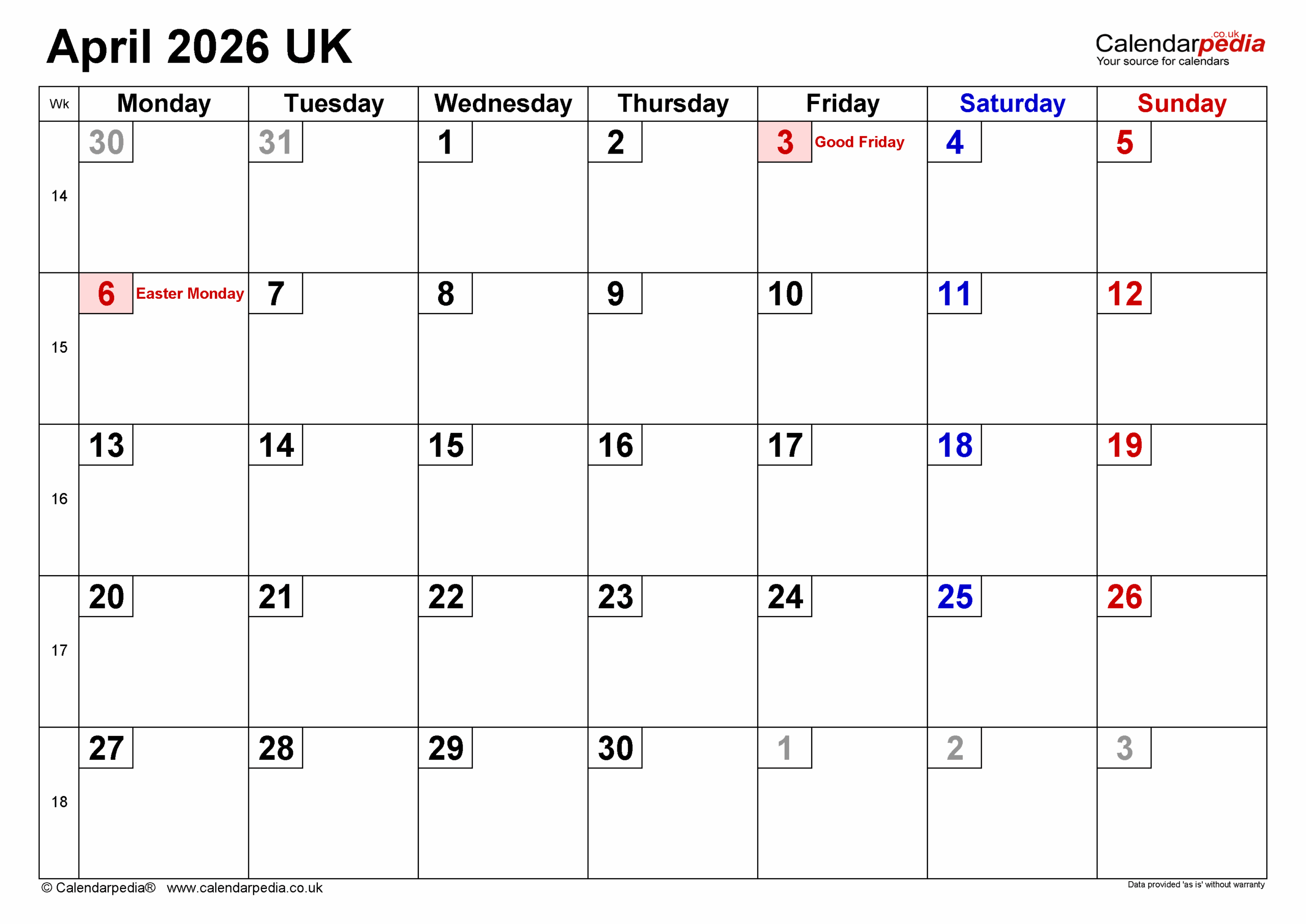 April 2026 Calendar Uk