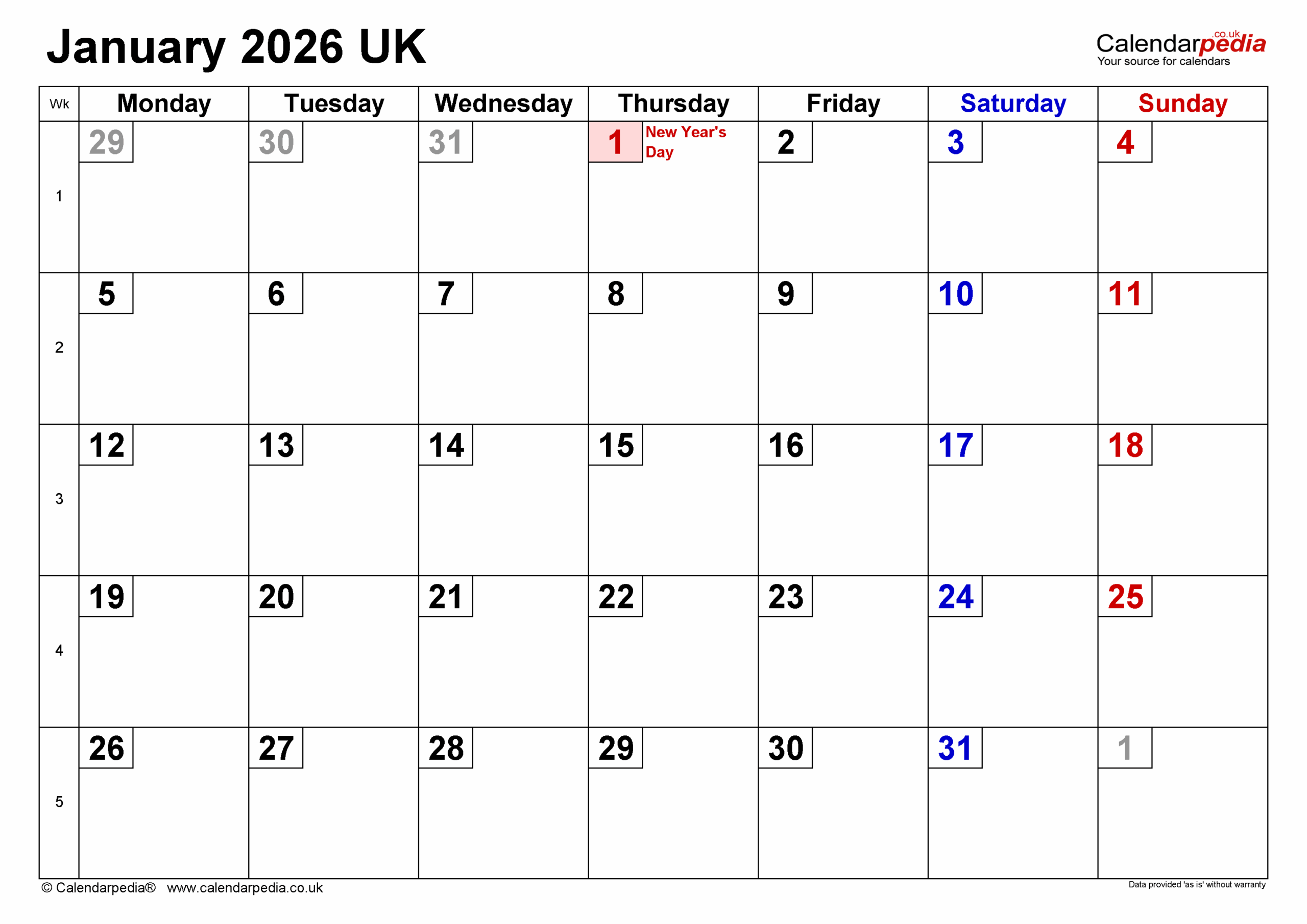 January 2026 Calendar Uk