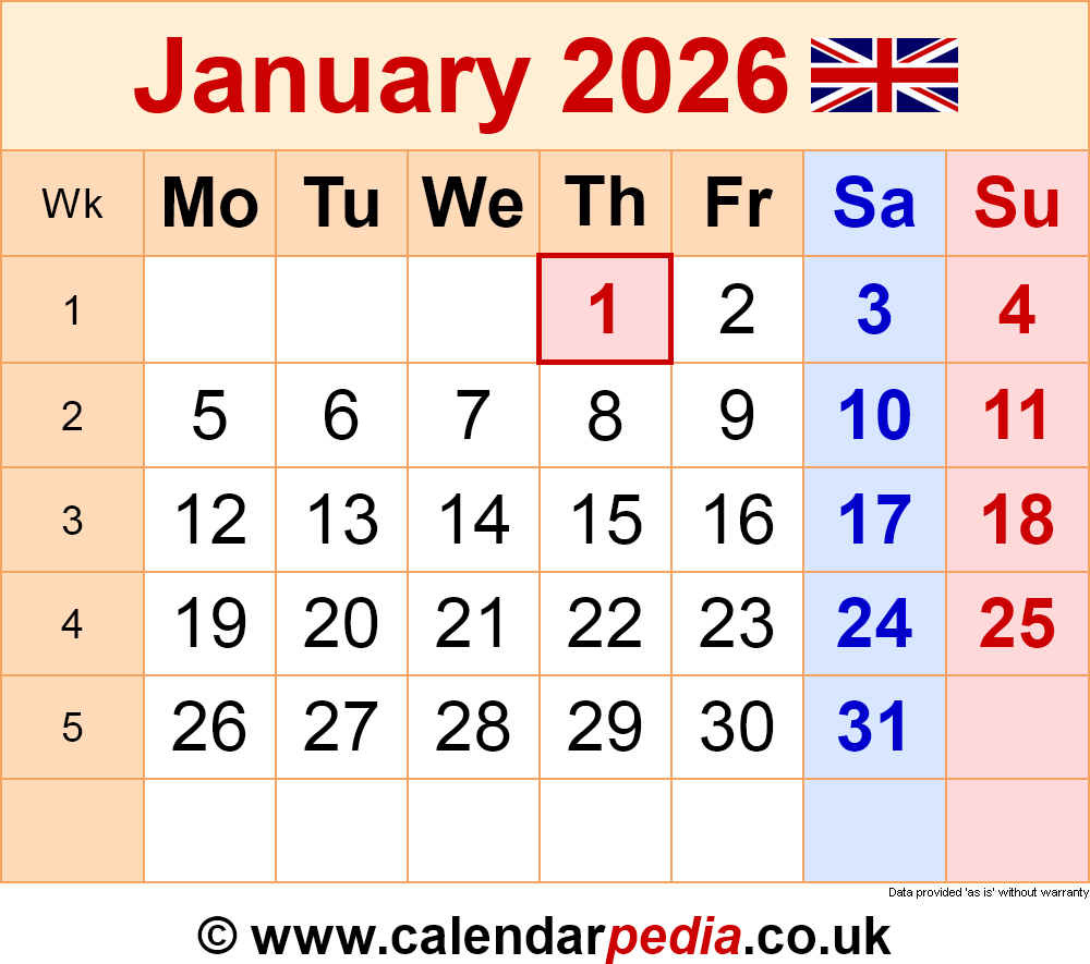 Calendar January 2026 UK With PDF Excel And Word Templates