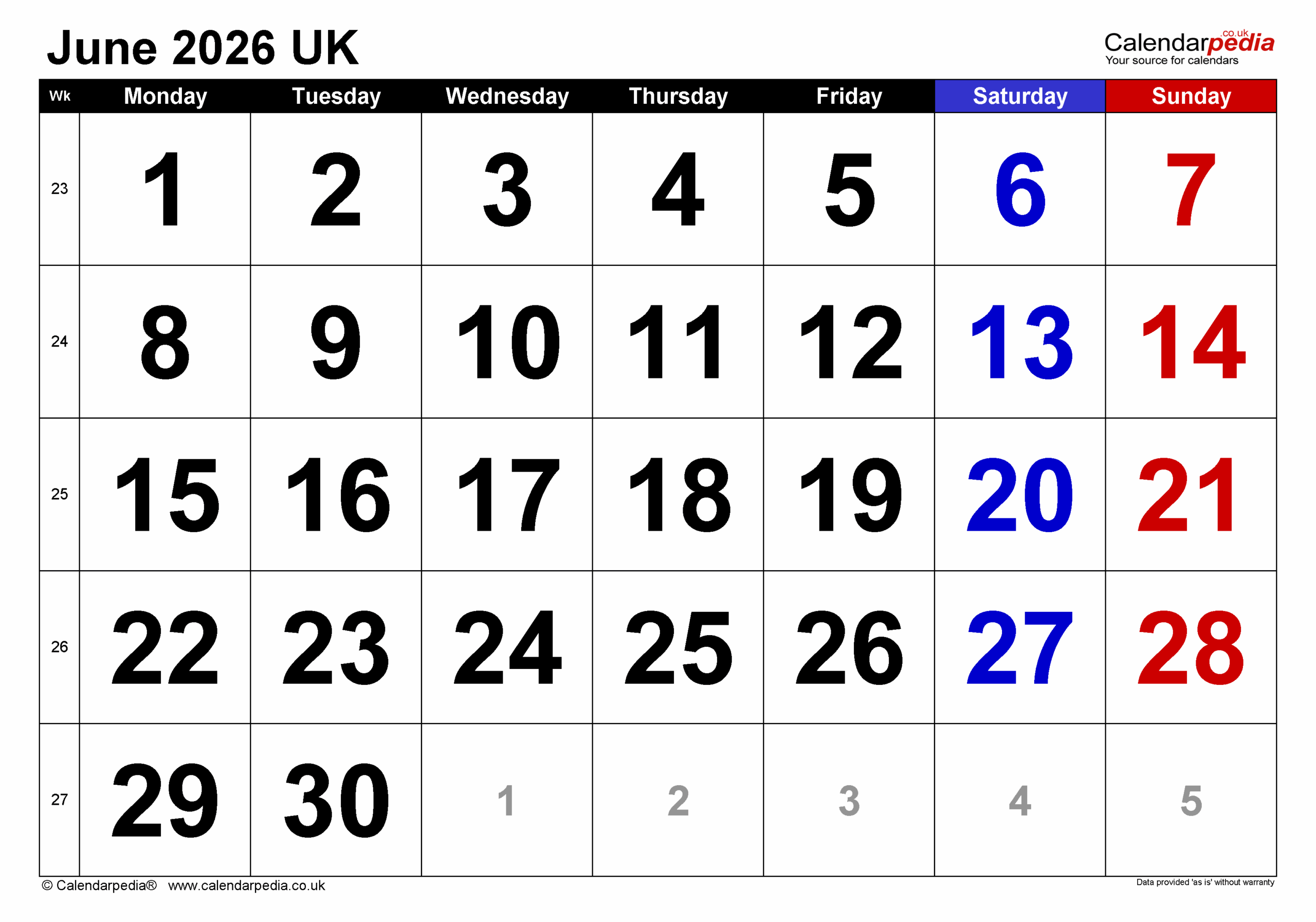Calendar June 2026 UK With PDF Excel And Word Templates