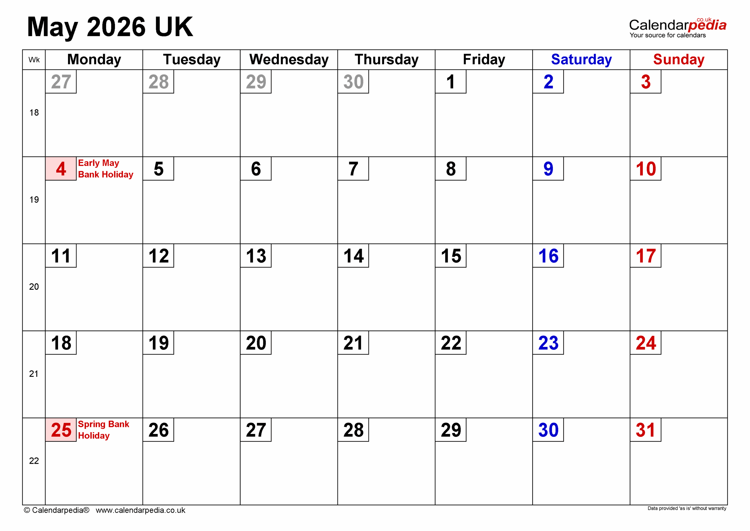 May 2026 Calendar Uk