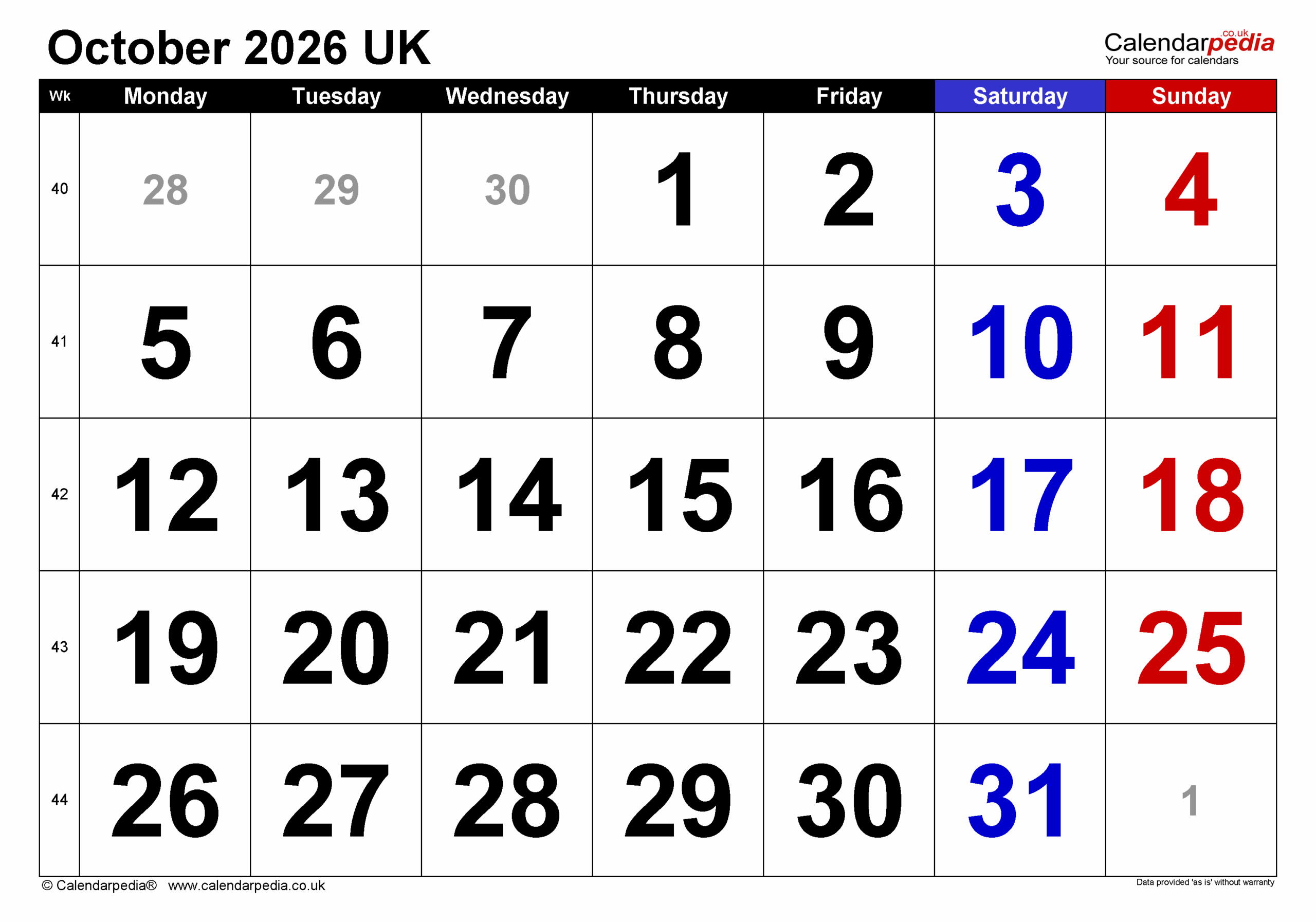 Printable Calendar 2026 October Template