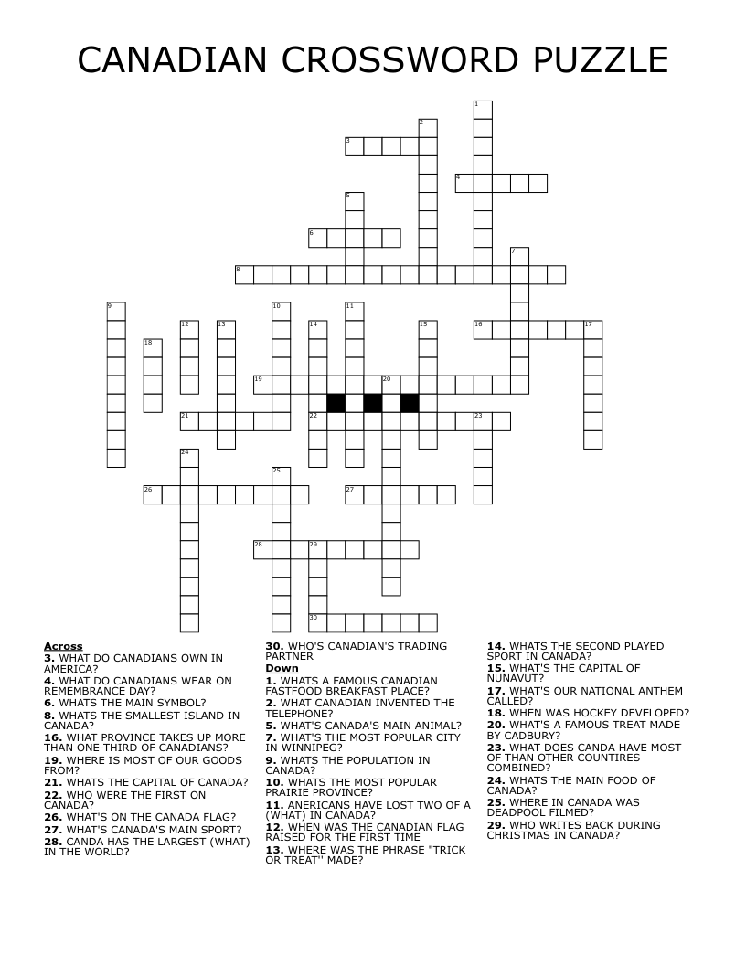 Printable Crossword Puzzles Canada
