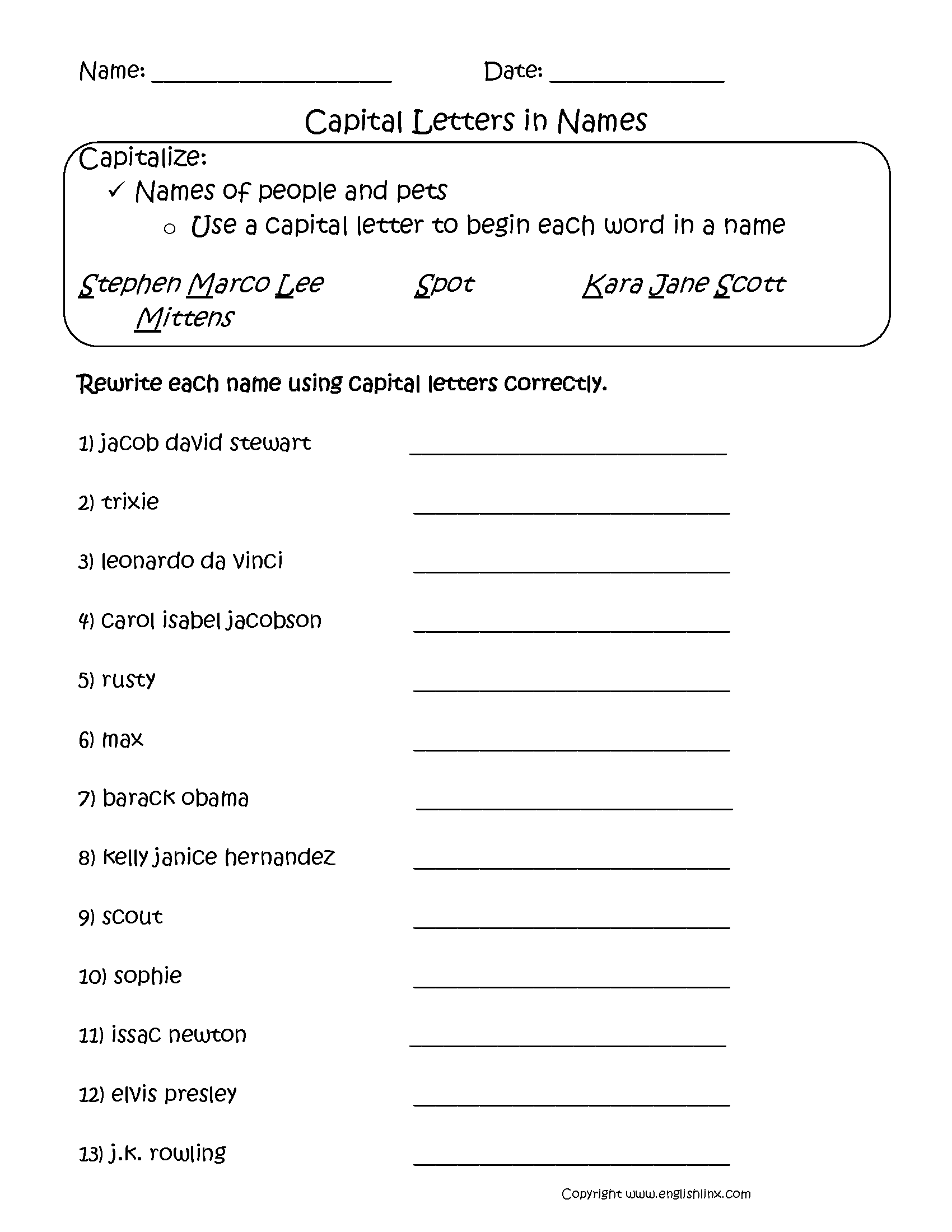 Free Printable Capitalization Worksheets