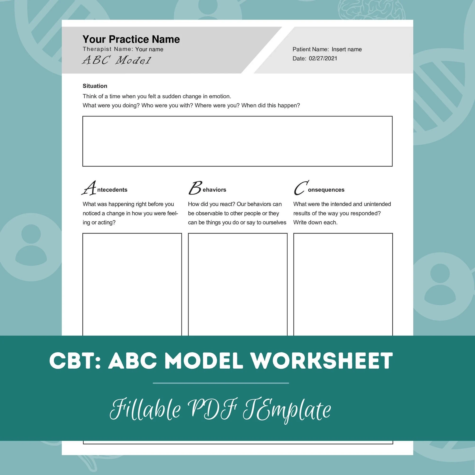 CBT ABC Model Worksheet Editable Fillable PDF For 