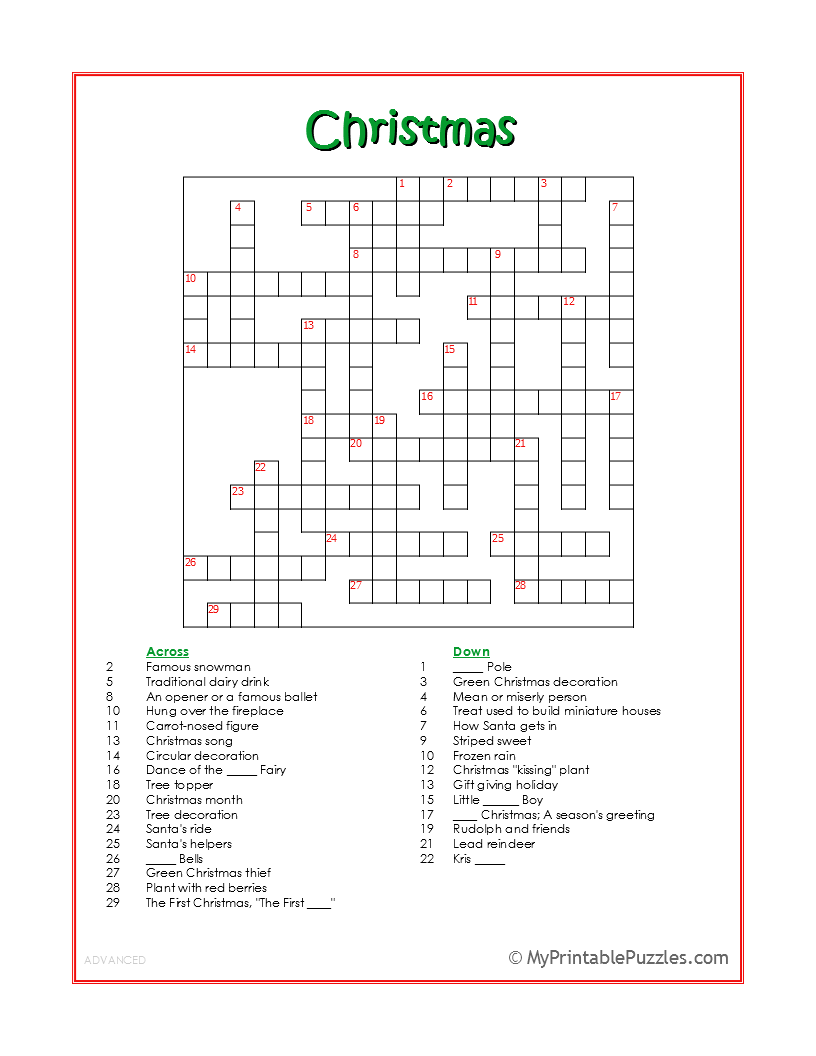 Holiday Crossword Puzzles Printable