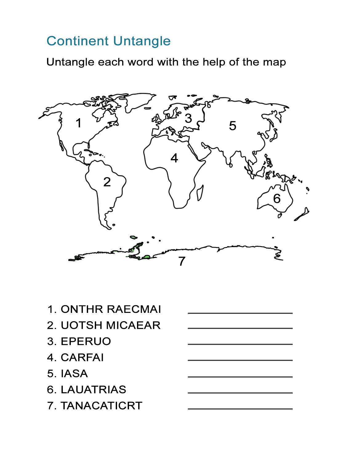 Continents Printable Worksheets