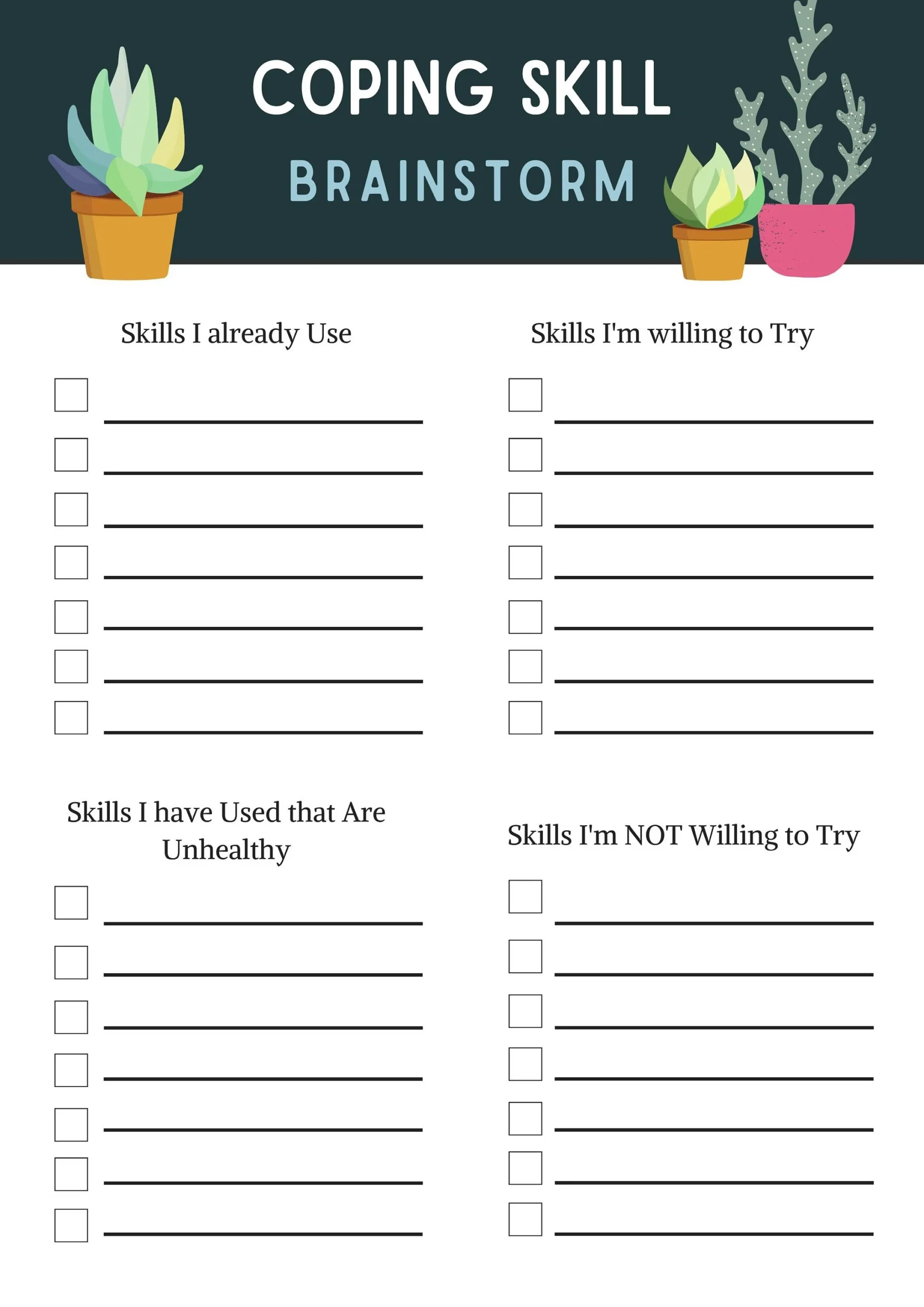 Coping Skill Worksheet Brainstorm Download Trauma Therapy CBT 