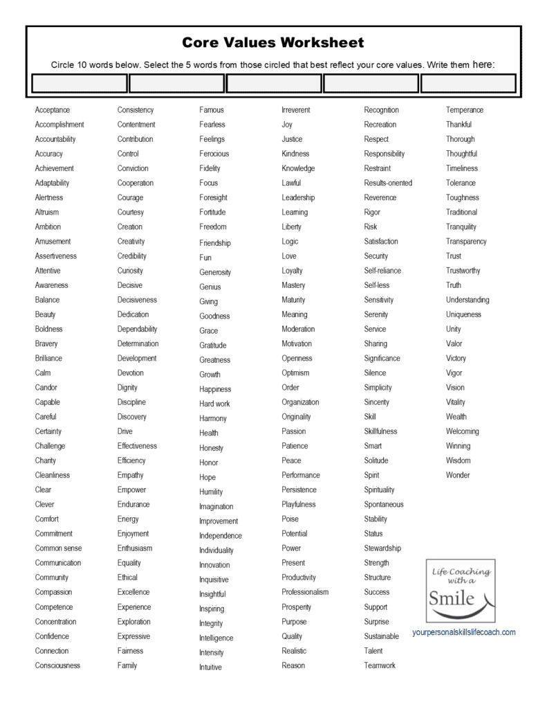 Core Values Worksheet Including 221 Wonderful Core Value Words 