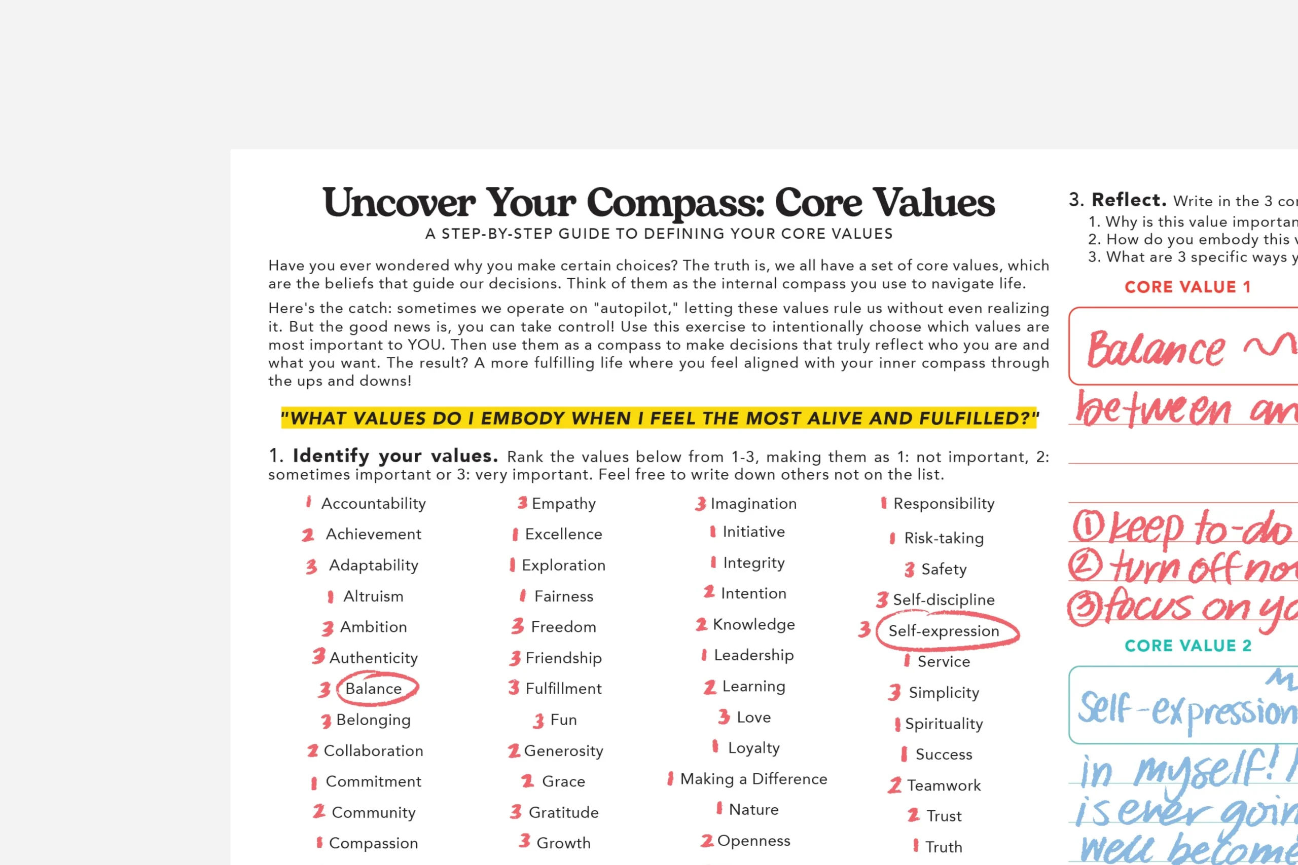 Free Printable Core Values Worksheet