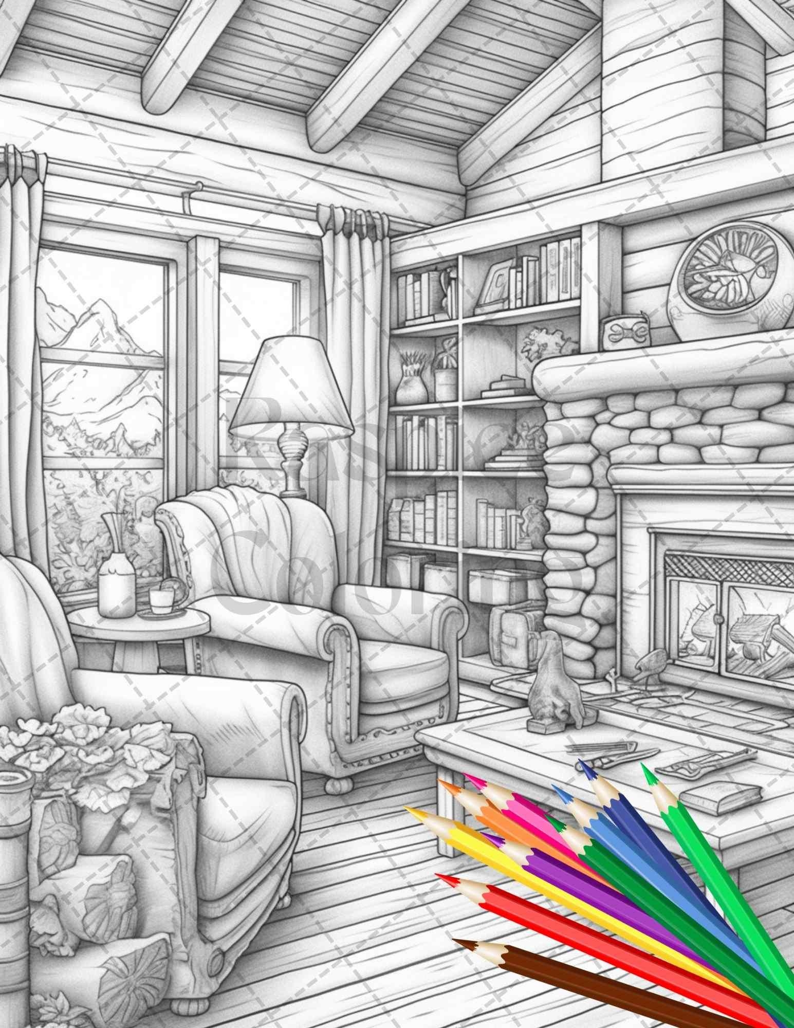 Cozy Cabin Interior Grayscale Coloring Pages Printable For Adults PDF RASPIEE