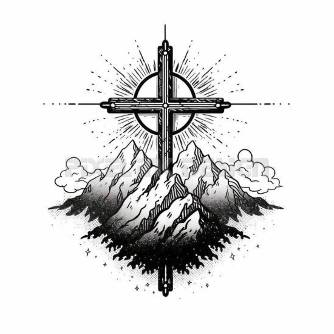 Cross Over Mountains Tattoo Design Download High Resolution Digital Art PNG Transparent Background Printable SVG Tattoo Stencil Etsy