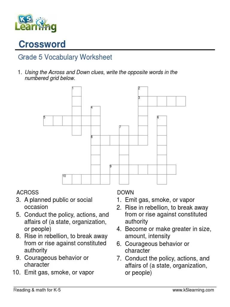 Crossword Grade 5 Vocabulary Worksheet PDF Crossword Games 