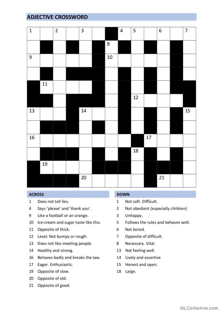 Crossword Intermediate adjectives English ESL Worksheets Pdf amp Doc