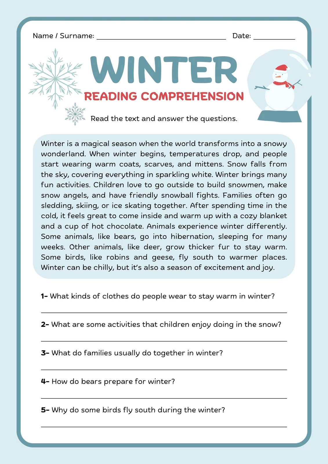Printable Comprehension Worksheets