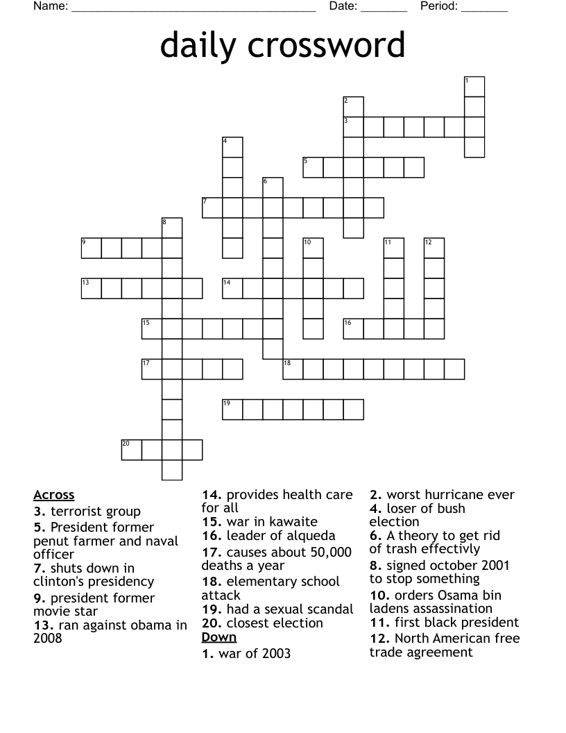 Free Daily Printable Crosswod Puzzles