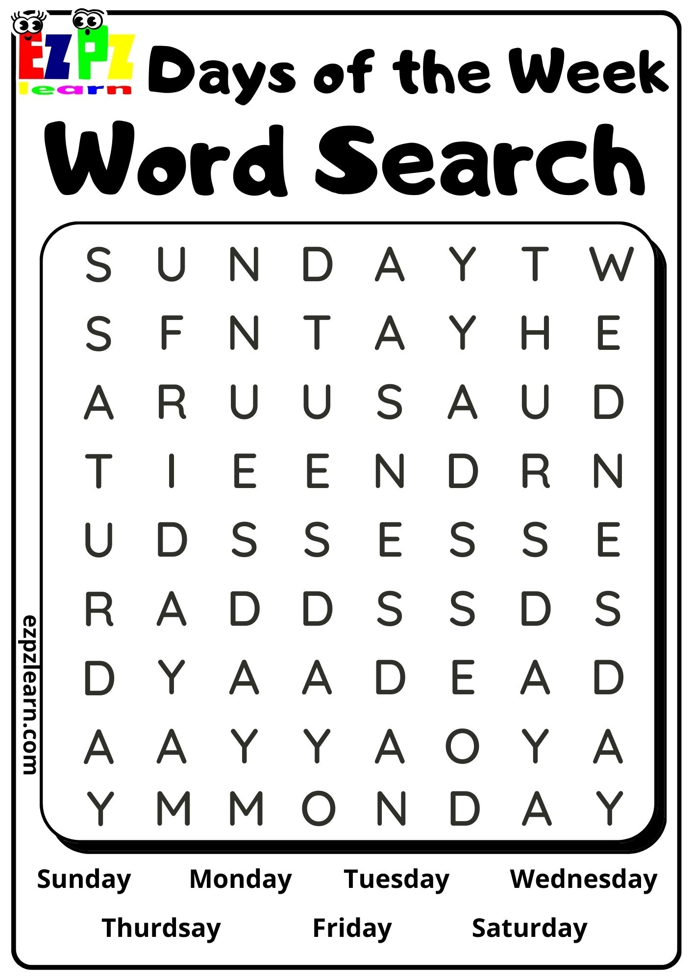 Days Of The Week Ezpzlearn