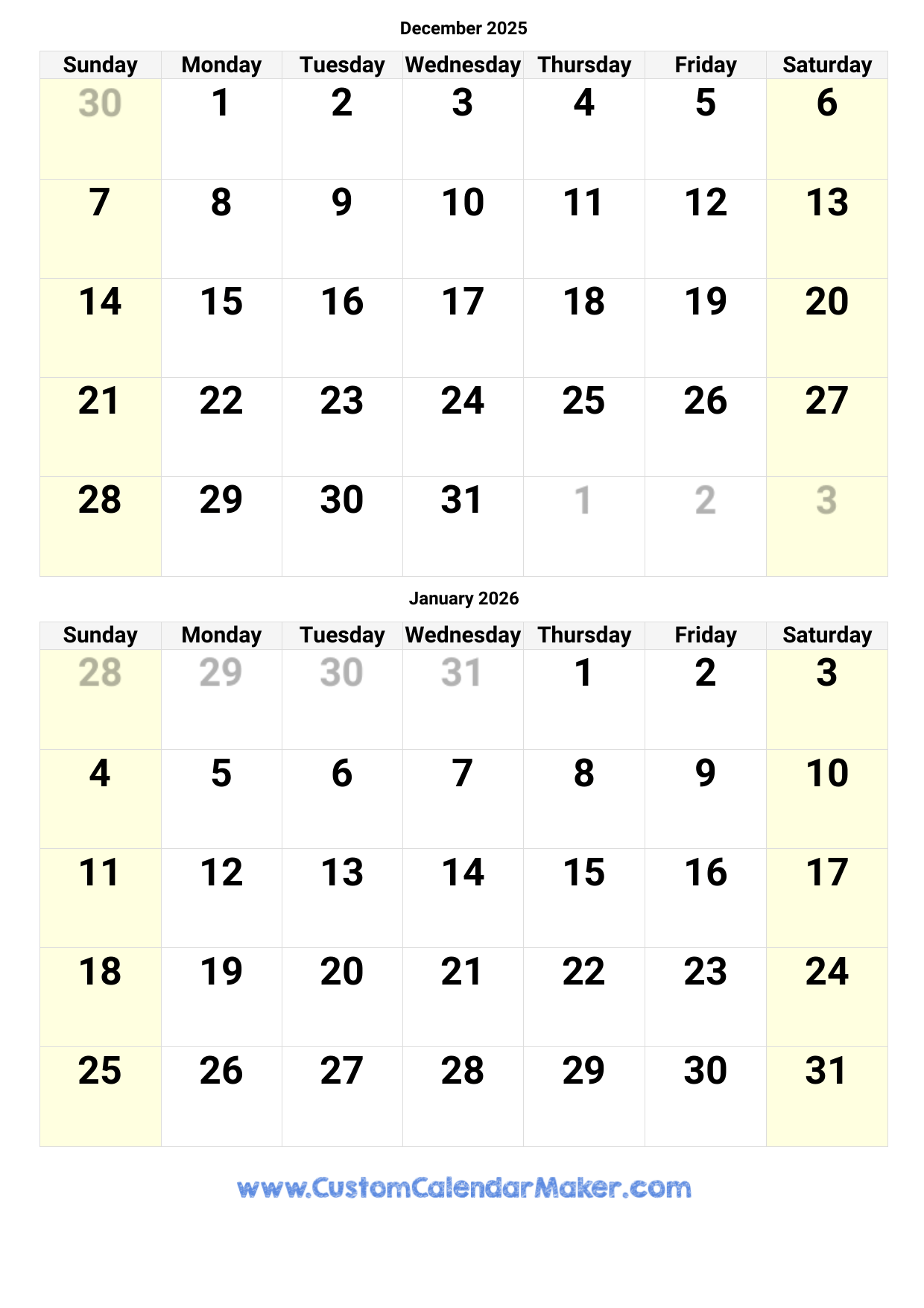 Blank December Calendar 2025