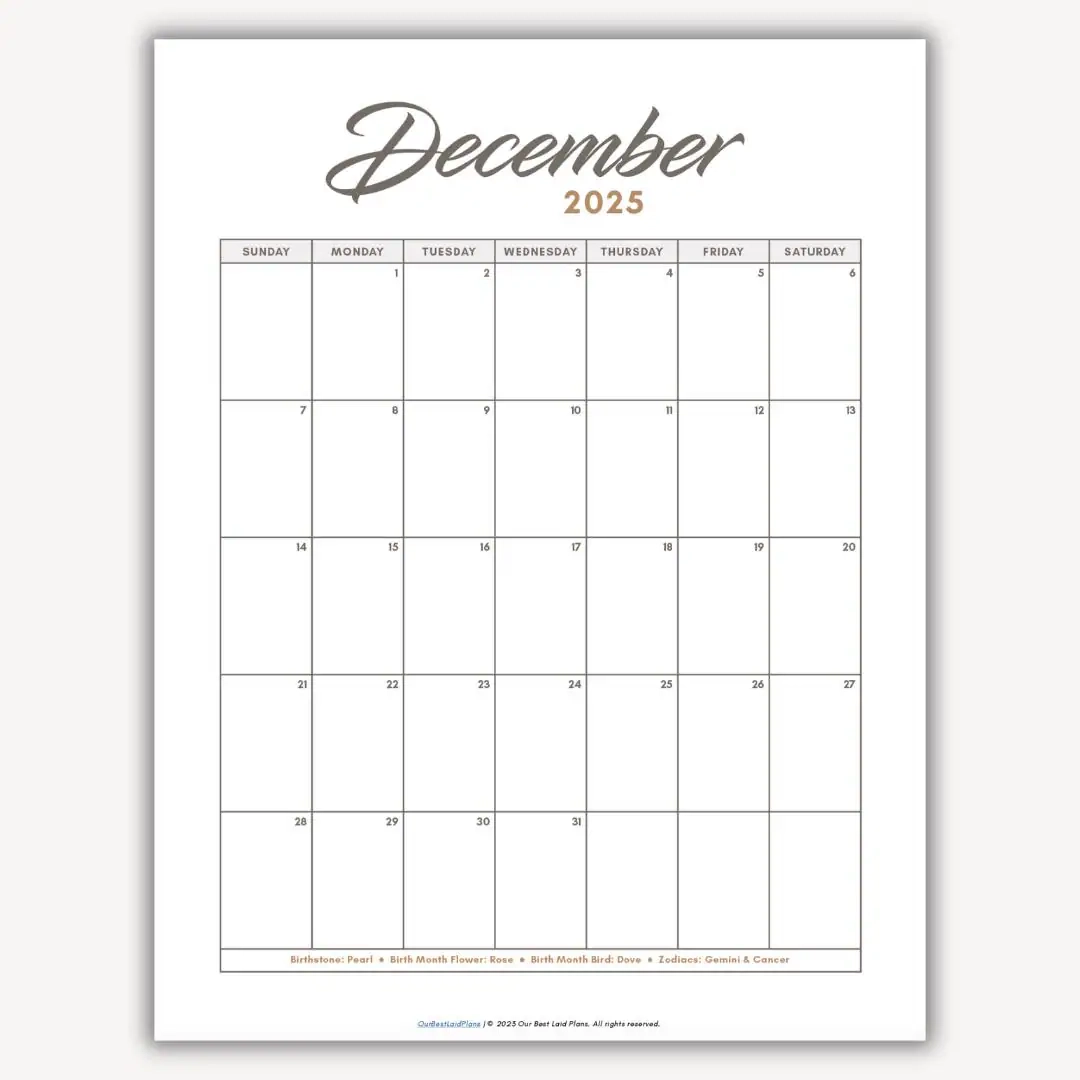 December 2025 Calendar Printable Download December 2025 Printable PDF December Cal 2025 Portrait Blank Minimalist Calendar Dec Month 2025 Etsy
