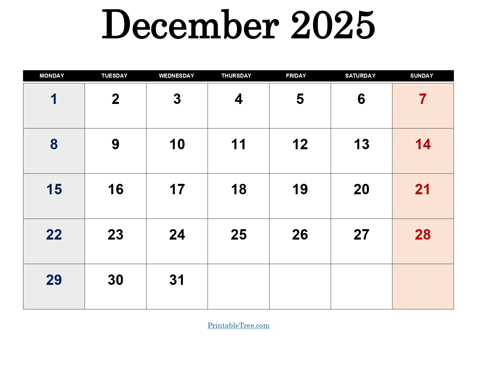 December 2025 Calendar Starting Monday